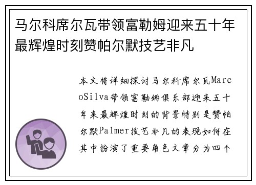 马尔科席尔瓦带领富勒姆迎来五十年最辉煌时刻赞帕尔默技艺非凡