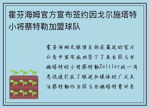 霍芬海姆官方宣布签约因戈尔施塔特小将蔡特勒加盟球队
